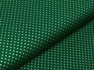 Webware Baumwolle Popeline mit Foliendruck - goldene mini  Punkte - tannengrün