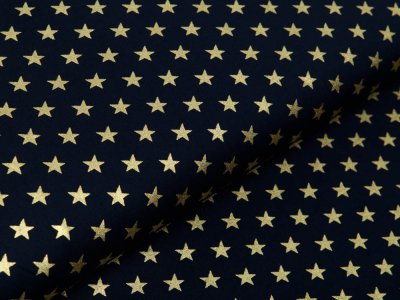 Webware Baumwolle Popeline mit Foliendruck - goldene blitzende Sterne - marine