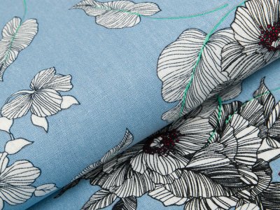 Gewebter Halbleinenstoff - Blumen und Blätter - blau