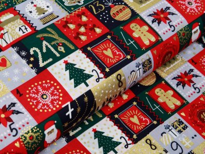 Webware Baumwolle Popeline mit Foliendruck - Weihnachtskalender und Lebkuchenmann - marine