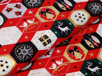 Webware Baumwolle Popeline mit Foliendruck - Weihnachtliche Figuren - rot