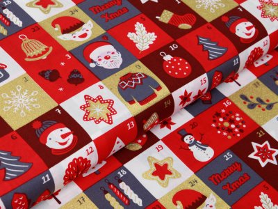 Webware Baumwolle Popeline mit Foliendruck - Weihnachtliche Figuren auf Karos - rot