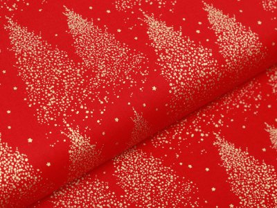 Webware Baumwolle Popeline mit Foliendruck - strahlende Tannenbäume - rot