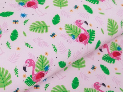 Softshell Jackenstoff Digitaldruck - Flamingos und Blätter - rosé