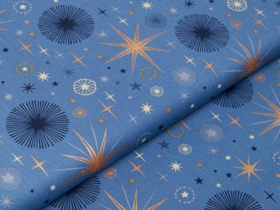 Webware Baumwolle Popeline mit Foliendruck - funkelnde Weihnachtssterne - indigoblau
