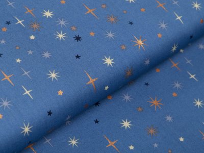Webware Baumwolle Popeline mit Foliendruck - funkelnde Sterne - indigoblau
