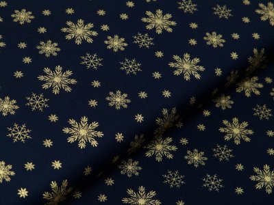 Webware Baumwolle Popeline mit Foliendruck - goldene Schneeflocken - marine