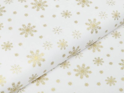 Webware Baumwolle Popeline mit Foliendruck - goldene Schneeflocken - wollweiß