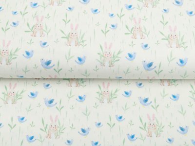 Jersey Digitaldruck - Hasen auf Blumenwiese - wollweiß