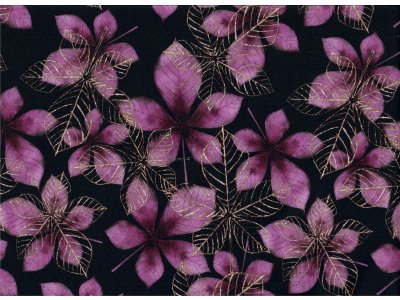 Softshell Jackenstoff - gemusterte Kastanienblätter - schwarz-pink