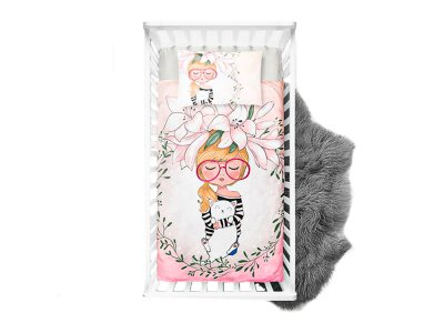 Webware Baumwolle PANEL 75 cm x 100 cm - Mädchen mit Lilien Kopfschmuck - weiß