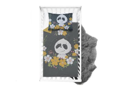 Webware Baumwolle Panel 75cm x 100cm Baby-Panda im Blumenkranz