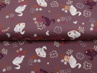 Jersey mit Foliendruck - Schwäne und Blüten - mauve