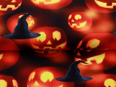 Jersey Digitaldruck Halloween - leuchtente Kürbisse - schwarz