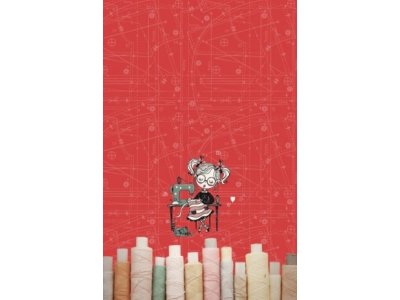 Jersey Digitaldruck Stenzo Sewing PANEL ca. 60 cm x 50 cm - Mädchen mit Nähmaschine - rot