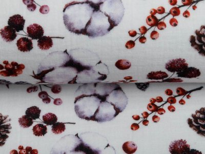 Musselin Double Gauze Digitaldruck Mix Reed Snoozy - Baumwollblüten und Tannenzapfen - weiß