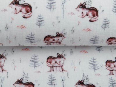 Musselin Double Gauze Digitaldruck Mix Flint Snoozy - Burunduk und Tannen - weiß