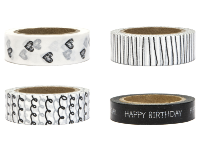 4er Set Klebeband/Washi Tape je 10m - Happy Birthday - schwarz/weiß