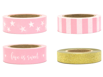 4er Set Klebeband/Washi Tape je 10m - Love is sweet - pink/goldfarben