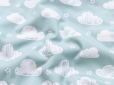 Jackenstoff NANO Softshell Swafing Fiete - schraffierte Wolken und Sterne - mint