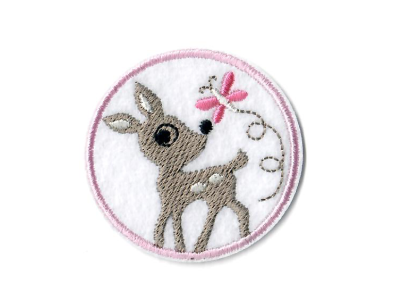 Stick - Applikation zum Aufbügeln ca. 5,0 cm x 5,0 cm - Reh mit Schmetterling - weiß